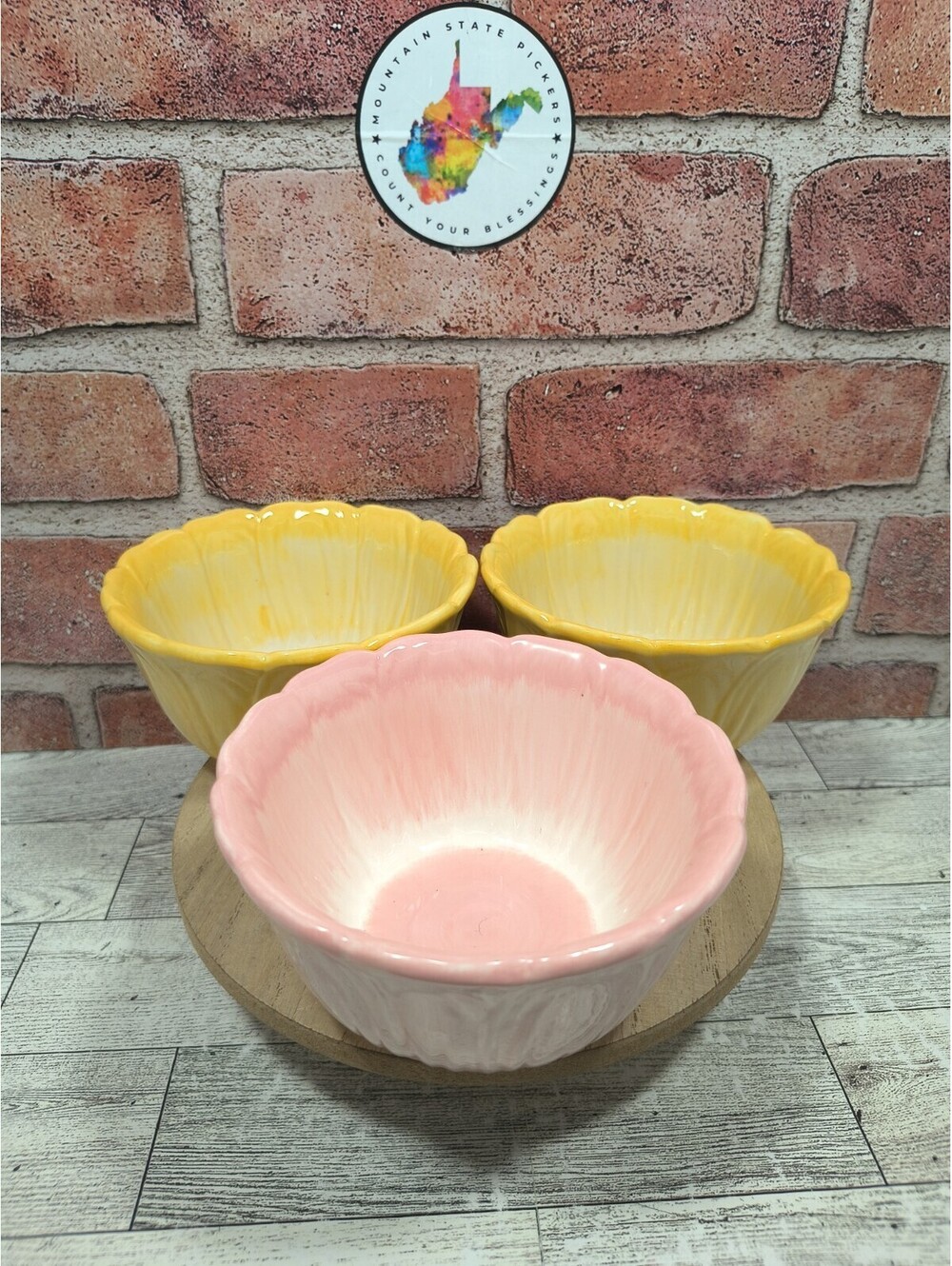Set of 3 Pier 1 Earthenware Flower Petal Audrey 1 Pink 2 Yellow Hand Painted